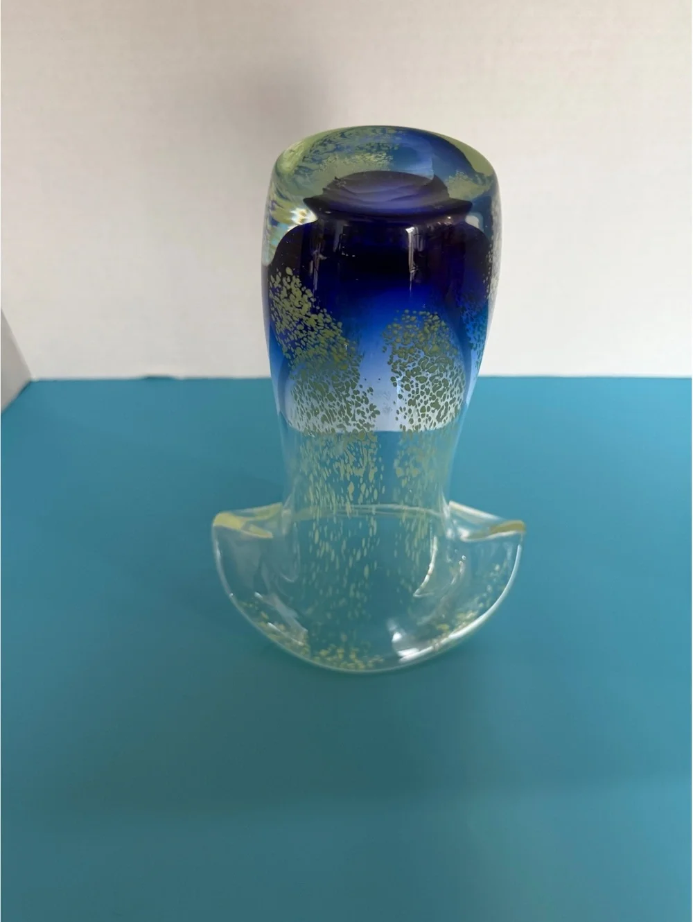 Handmade Art Glass Vase with Blue and Yellow Accents
